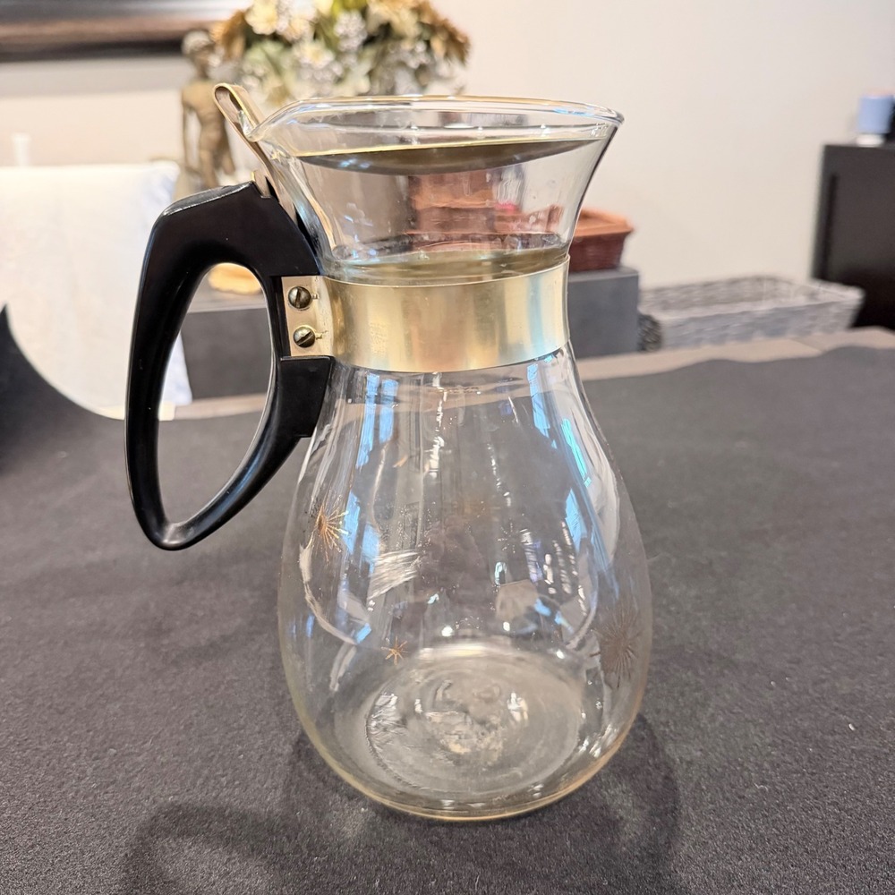 Pyrex Vintage Starburst Gold Coffee Carafe Pitcher MCM 8 Cup‎ Clear Glass Atomic